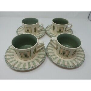Pfaltzgraff Naturewood Flat Cup & Saucer Set — Set of 4 Green Leaf Design